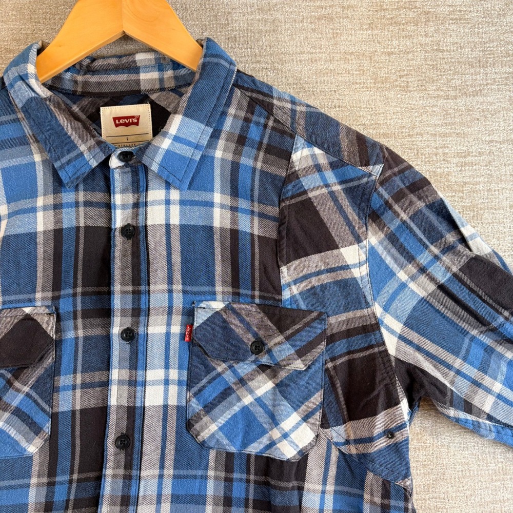 Levi's Classic Western Standard Fit Flannel Shirt Men L Tartan Blue Plaid EUC